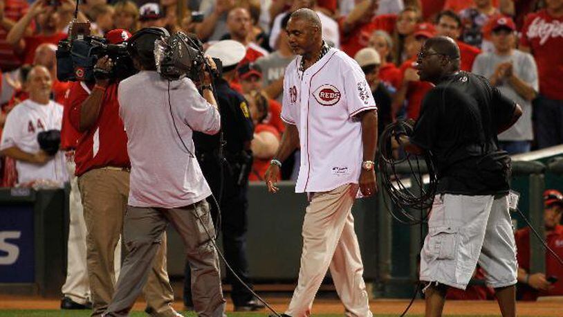 Dave Parker is introduced during a ceremony honoring members of the Reds Hall of Fame after the Reds played the Marlins on Friday, Aug. 8, 2014, at Great American Ball Park.