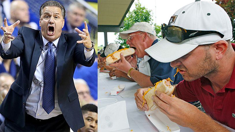 On the left, Kentucky basketball coach John Calipari. On the right, participants in an eating contest munching down Gold Star Chili coneys.