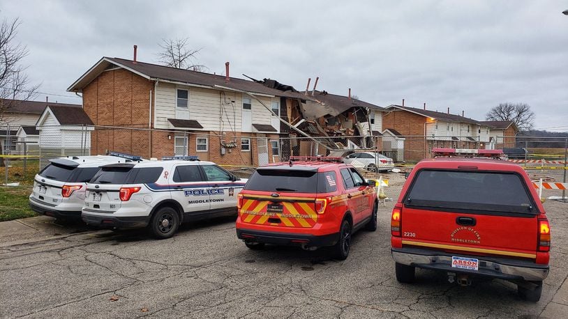 Middletown police and fire officials are continuing to investigate the cause of the explosion Monday morning that severely damaged several apartments in a Butler County Metropolitan Housing Authority (BMHA) property on Cribbs Avenue. NICK GRAHAM/STAFF