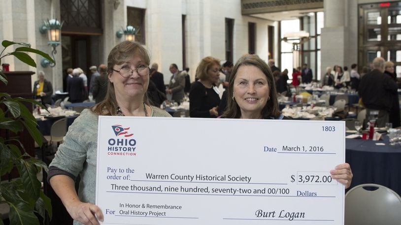 Vicky Van Harlingen (right) and Jeanne Doan receive grant for the Warren County Historial Society on behalf of the Ohio History Fund for War & Remembrance, an oral history of veterans of the last six wars. CONTRIBUTED