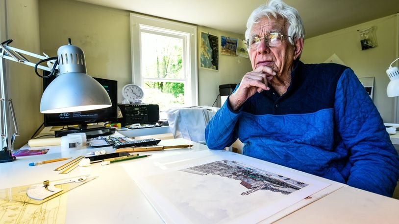 Artist Jack Howard works in his home studio Wednesday, May 15, 2019 in Glendale. Howard is the honorary chair of the Middletown Arts Center’s Art from the Heart 2019 Art Auction Saturday, June 1 at Miami Valley Gaming. NICK GRAHAM/STAFF