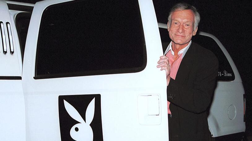 Playboy founder Hugh Hefner shows off his limo in West Hollywood, CA. (Photo by David Klein/Getty Images)