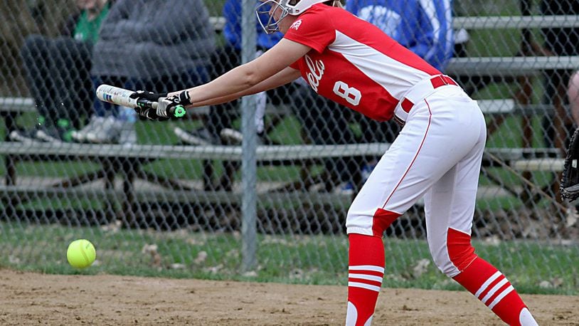 Fairfield pitcher Taylor Delk lays down a sacrifice bunt against Sycamore on Tuesday at Fairfield Middle School. CONTRIBUTED PHOTO BY E.L. HUBBARD