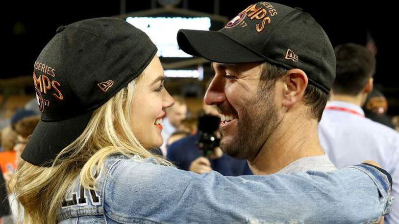 LOS ANGELES, CA - NOVEMBER 01:  Justin Verlander #35 of the Houston Astros celebrates with fiancee Kate Upton after the Astros defeated the Los Angeles Dodgers 5-1 in game seven to win the 2017 World Series at Dodger Stadium on November 1, 2017 in Los Angeles, California.  (Photo by Ezra Shaw/Getty Images)