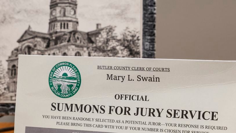 Butler County has a new system with postcards being sent out as a summons for jury service with links to online questionnaires. Potential jurors can scan a code to check in when they get to jury selection at one of the new kiosks at the courthouse. NICK GRAHAM/STAFF