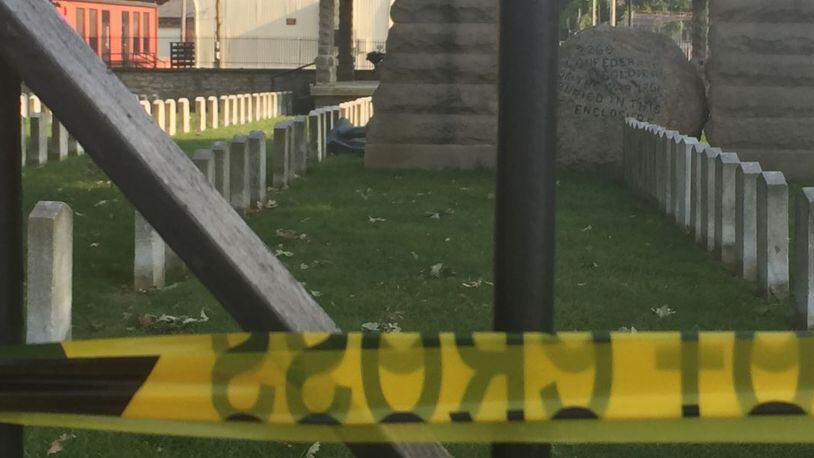 A Confederate statue in a Columbus cemetery was knocked to the ground by vandals. (Contributed Photo/WBNS-TV)