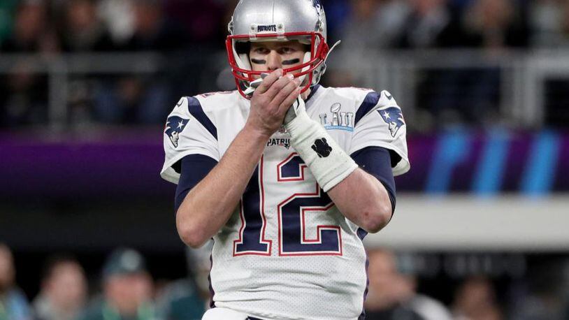MINNEAPOLIS, MN - FEBRUARY 04:  Tom Brady #12 of the New England Patriots reacts against the Philadelphia Eagles during the first quarter in Super Bowl LII at U.S. Bank Stadium on February 4, 2018 in Minneapolis, Minnesota.  (Photo by Patrick Smith/Getty Images)