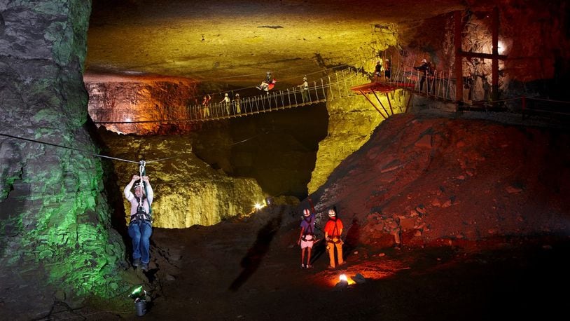 Ziplining in the Louisville Mega Caverns. GREATER LOUISVILLE CONVENTION & VISITORS BUREAU