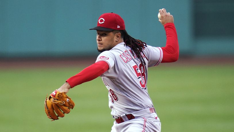 Cincinnati Reds starting pitcher Luis Castillo delivers during the first inning of the team's baseball game against the Boston Red Sox, Tuesday, May 31, 2022, at Fenway Park in Boston. (AP Photo/Charles Krupa)