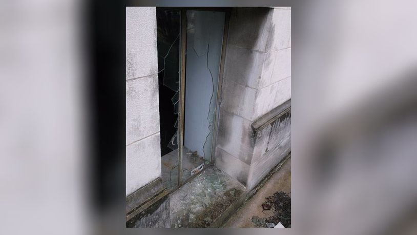 These images of the building at the former Champion Paper mill property and vandalism that was done to windows at the former office building were posted by the Hamilton Police Department on its Twitter account. PROVIDED