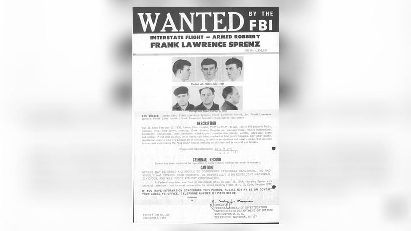 Wanted poster for Frank Sprenz, the “Flying Bank Robber” FBI