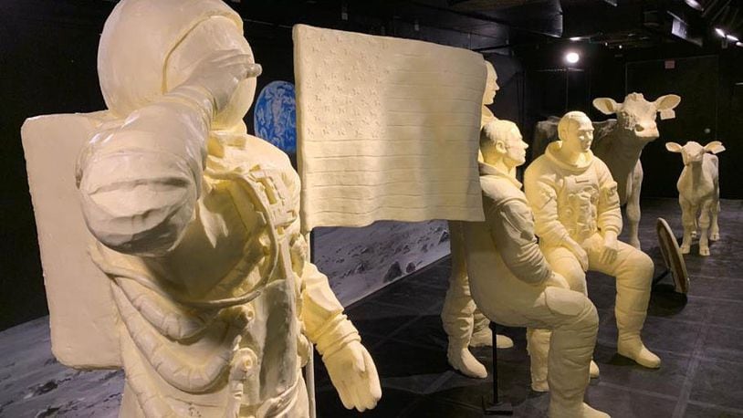 In tribute to the 50th anniversary of the Apollo 11 moon mission, life-size figures of Wapakoneta, Ohio, native Neil Armstrong and fellow astronauts Buzz Aldrin and Michael Collins were carved out of butter for a 2019 Ohio State Fair display.
