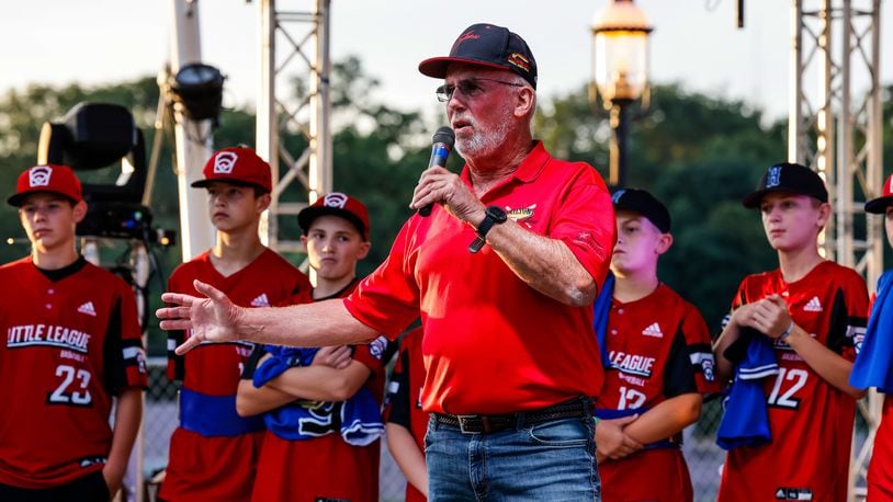 Kim Nuxhall speaks to the Hamilton West Side Little League All-Star team that were honored for their performance in the Little League World Series with a parade and ceremony on the stage at RiversEdge Amphitheater Thursday, Sept. 2, 2021 in Hamilton. NICK GRAHAM / STAFF