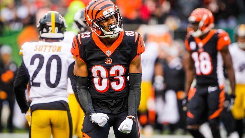Cincinnati Bengals wide receiver Tyler Boyd celebrates a catch for a first down during their game against the Pittsburgh Steelers Sunday, Oct. 14 at Paul Brown Stadium in Cincinnati. The Steelers won 28-21. NICK GRAHAM/STAFF