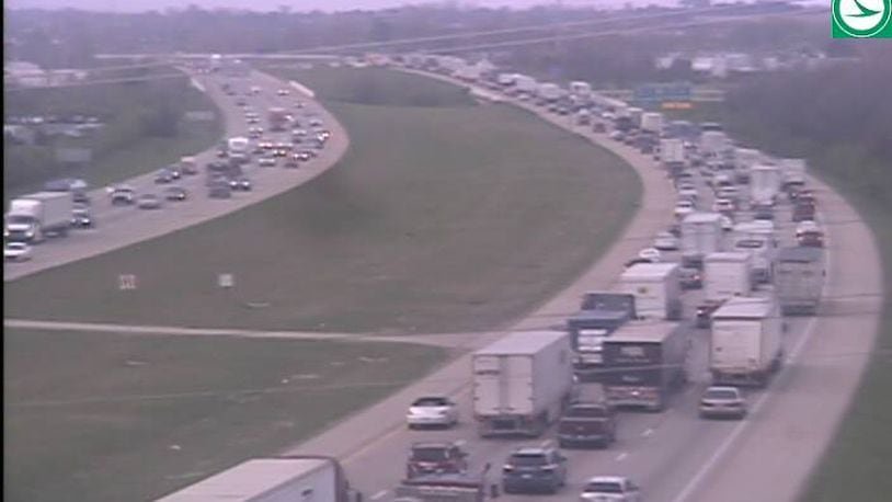 An Ohio Department of Transportation traffic camera shows traffic backing up in the southbound lanes of Interstate 75 Thursday morning, April 18, 2019. ODOT/CONTRIBUTED