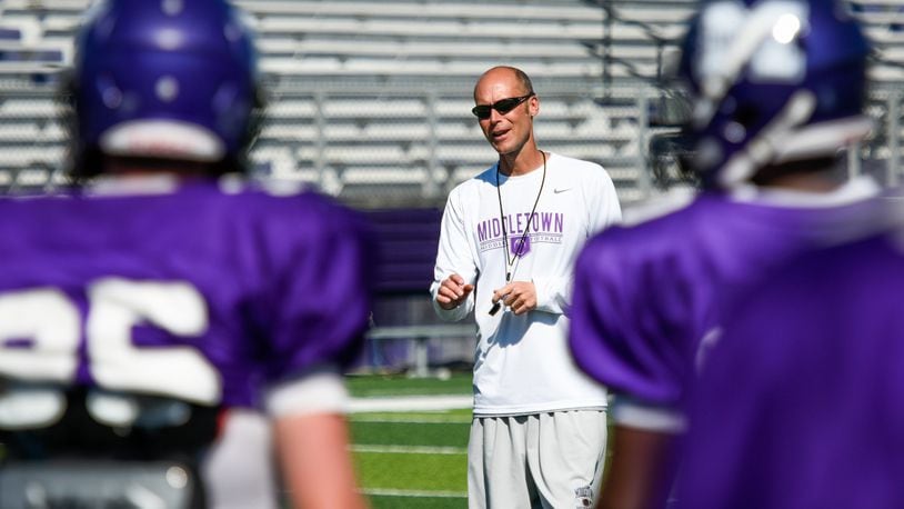 Lance Engleka, shown during a Sept. 20, 2016 practice session at Barnitz Stadium, has resigned after two seasons as Middletown High School’s head football coach. NICK GRAHAM/STAFF