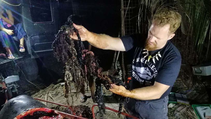 In this photo taken on March 16, 2019, Darrell Blatchley, director of D' Bone Collector Museum Inc., is holding up plastic waste found in the stomach of a Cuvier's beaked whale in Compostela Valley, Davao on the southern Philippine island of Mindanao. The starving whale with 40 kilos (88 pounds) of plastic trash in its stomach died after being washed ashore in the Philippines, activists said on March 18, calling it one of the worst cases of poisoning they have seen.