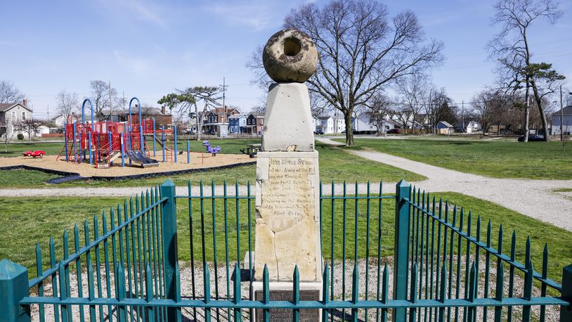 A monument for Capt. John Cleves Symmes stands in the middle of Symmes Park in Hamilton. The marker honors Symmes and his hollow earth theory. NICK GRAHAM/STAFF