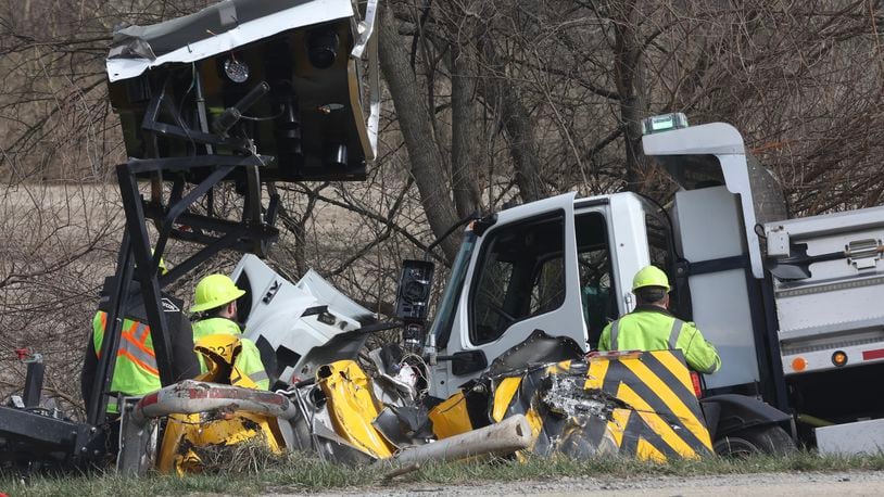 An Ohio Department of Transportation vehicle was struck by a box truck on I-70   westbound Monday, March 28, 2022. Both the driver of the box truck and the ODOT worker were transported to hospital with non life threatening injuries. BILL LACKEY/STAFF