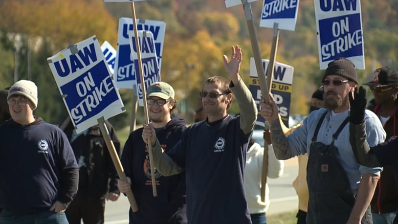 Some workers who were laid off at a transmission plant in Sharonville joined the picket line in West Chester Twp. with fellow United Auto Workers members who are on strike from General Motors. WCPO/CONTRIBUTED