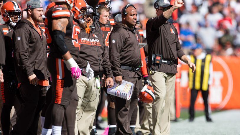 CLEVELAND, OH - OCTOBER 9: Head coach Hue Jackson of the Cleveland Browns watches from the sidelines during the first half against the New England Patriots at FirstEnergy Stadium on October 9, 2016 in Cleveland, Ohio. (Photo by Jason Miller/Getty Images)