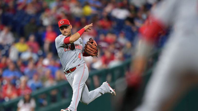 PHILADELPHIA, PA - JUNE 07: Jose Iglesias #4 of the Cincinnati Reds makes a throw to first base in the seventh inning Philadelphia Phillies at Citizens Bank Park on June 7, 2019 in Philadelphia, Pennsylvania. The Phillies won 4-2. (Photo by Drew Hallowell/Getty Images)