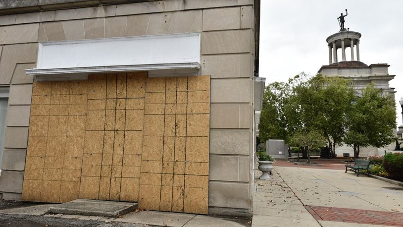 A vandal recently threw a rock through a large window at Hamilton’s Welcome Center, 1 High St. NICK GRAHAM/STAFF