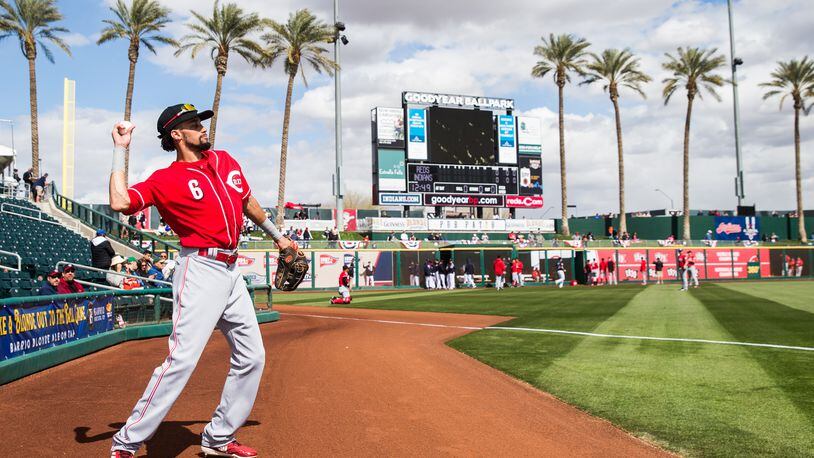 GOODYEAR, AZ - FEBRUARY 23:  Billy Hamilton of the Cincinnati Reds looks on before a game against the Cleveland Indians during a Spring Training Game at Goodyear Ballpark on February 23, 2018 in Goodyear, Arizona. (Photo by Rob Tringali/Getty Images)