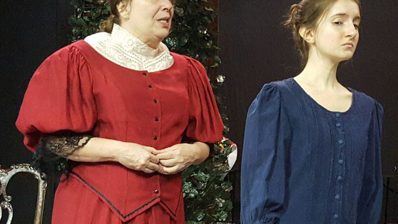 Karen Griesinger (left) as Mrs. Warren and Kenzie Hall as Vivie Warren rehearse for the Middletown Lyric Theatre’s production of “Mrs. Warren’s Profession.” CONTRIBUTED