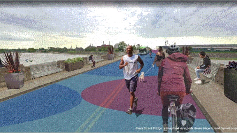 Hamilton's proposed Active Transportation Plan reimagines the Black Street Bridge, which is nearing the end of its useful life for vehicles, as a pedestrian/bicycling/transit-only span across the Great Miami River once the proposed North Hamilton Crossing bridge is built to replace it. PROVIDED