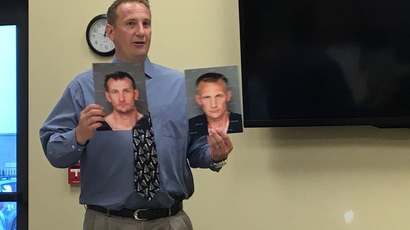 Richard Matteoli holds up photos of himself before he finally went into recovery for heroin addiction. Matteoli thanked Fairborn first responders in July of this year for helping him survive his addiction. He led a toy drive that distributed gifts to local children two weeks ago. Matteoli died this week. STAFF