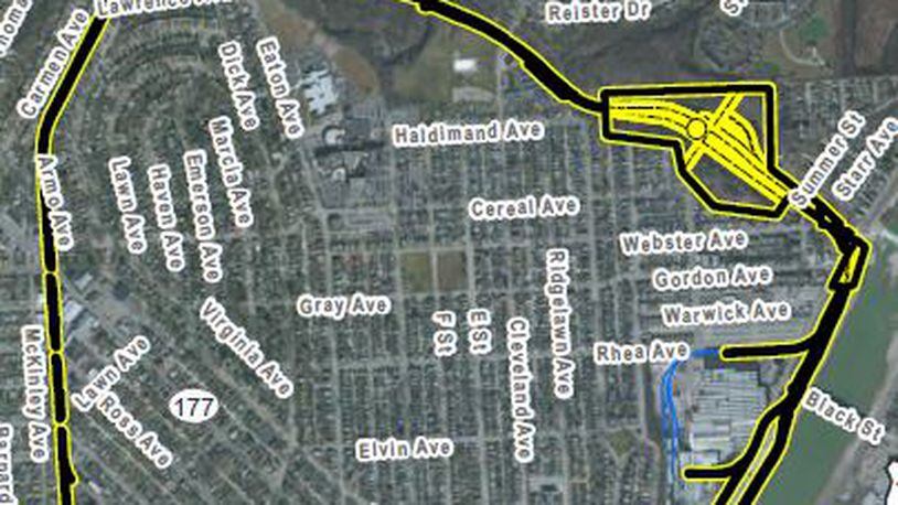 The dark lines indicate the portion of a rail line that once serviced the former Champion Paper plant on the west side of the Great Miami River. The city of Hamilton wants to acquire the former rail line from CSX to develop the Hamilton Beltline bike path. CONTRIBUTED