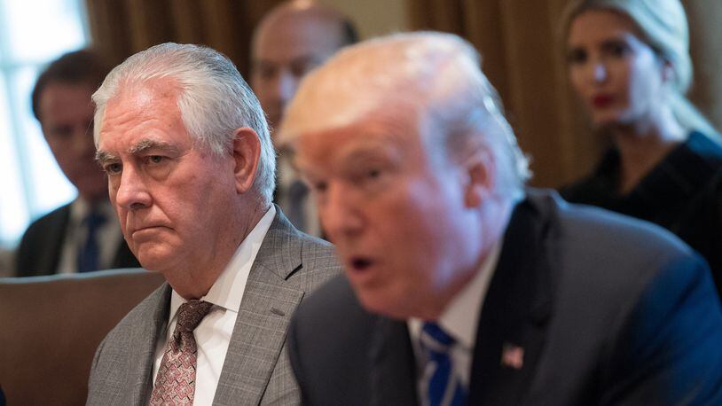 Secretary of State Rex Tillerson listens as President Donald Trump speaks to the media during a cabinet meeting at the White House on Monday, Nov. 20, 2017 in Washington, D.C. President Trump officially designated North Korea as a state sponsor of terrorism. (Kevin Dietsch/Pool/Sipa USA/TNS)
