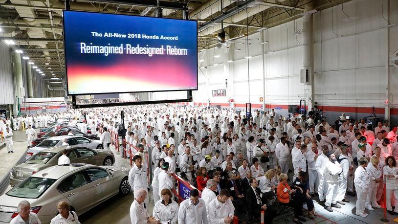 Hundreds of Honda Asoociates gathered for the unveiling of the all new 2018 Honda Accord at the Marysville plant. Bill Lackey/Staff