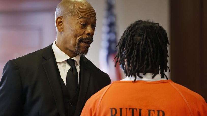 Anthony Brown, charged in a fatal shooting at Walmart in Fairfield Township, appeared with defense attorney Clyde Bennett II for a hearing Tuesday, Jan. 31, 2023 in Butler County Common Pleas Court in Hamilton. A trial was scheduled for June 26. NICK GRAHAM/STAFF