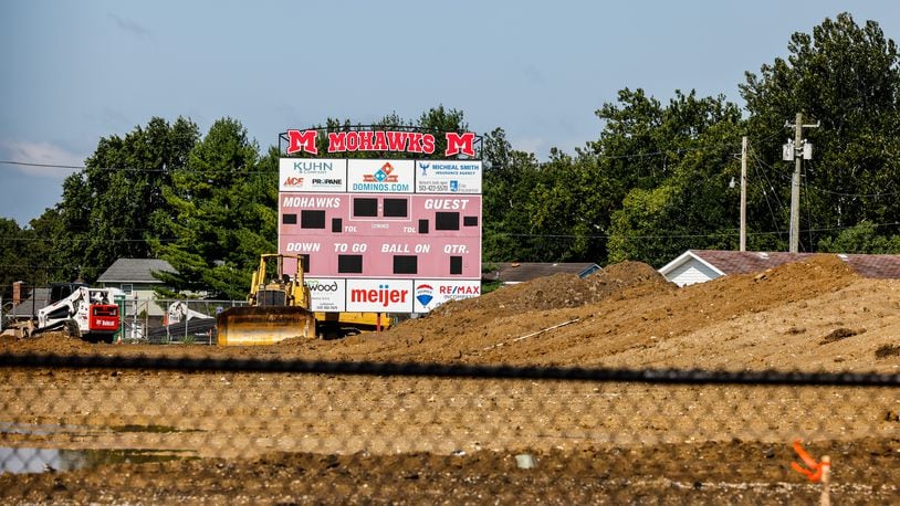 A turf project is underway for Madison's Brandenburg Field Wednesday, Sept. 1, 2021 in Madison Twp. in Butler County. Delayed from its original Sept. 10 planned opening the first synthetic turf field in Madison Schools' history is now scheduled to be unveiled in time for Madison High School's Oct. 8 homecoming football game, say school officials. NICK GRAHAM / STAFF