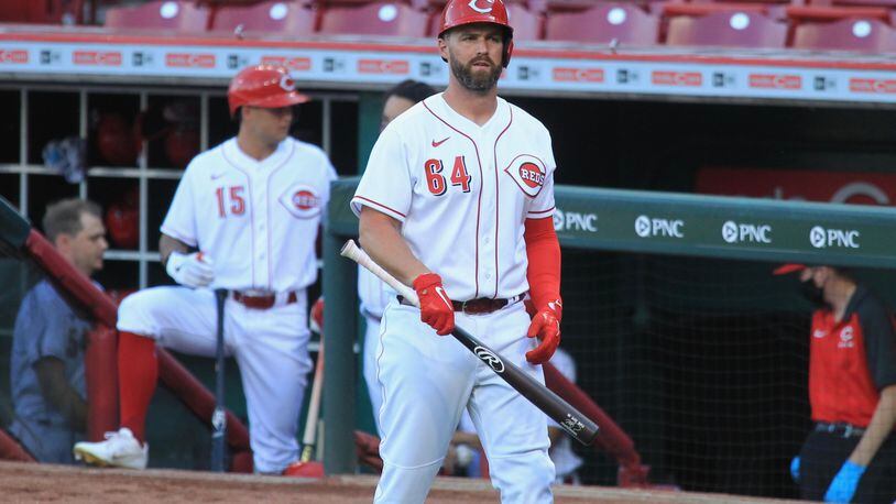 Matt Davidson, of the Reds, on Opening Day against the Detroit Tigers on Friday, July 24, 2020, at Great American Ball Park in Cincinnati.