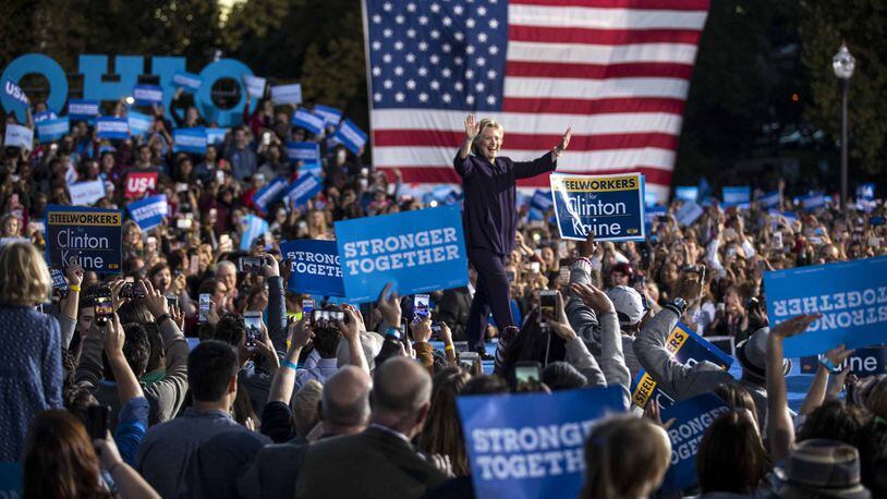 Hillary Clinton arrives on stage at a campaign event at Ohio State University in Columbus, Ohio, Oct. 10, 2016. (Doug Mills/The New York Times)