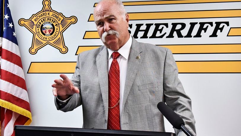 Butler County Sheriff Richard Jones speaks at a 2017 press conference. Jones on Sunday, Aug. 4, 2019, STAFF FILE PHOTO