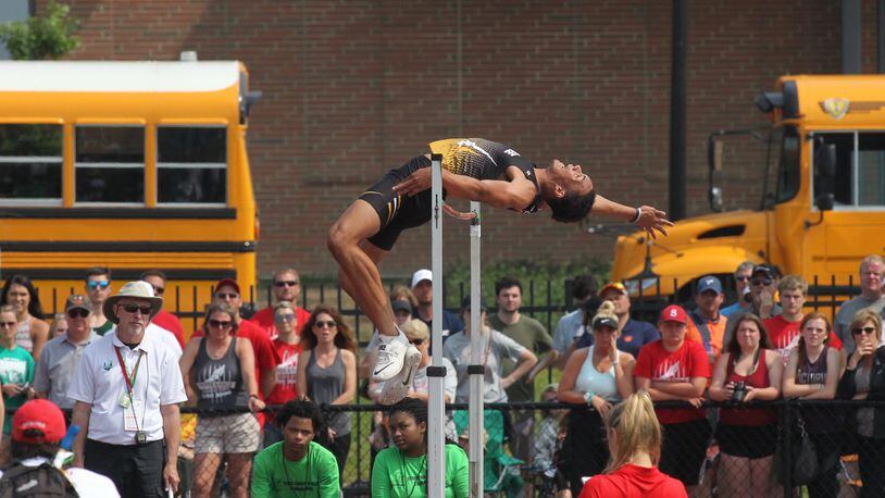 Shawnee’s Robie Glass competes in the high jump at the Division II state track and field championships on Saturday, June 1, 2019, at Jesse Owens Memorial Stadium in Columbus. David Jablonski/Staff