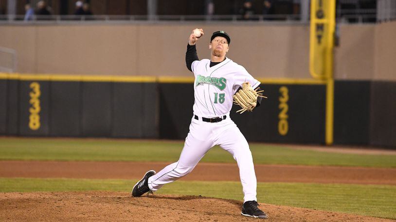 Dragons reliever John Ghyzel fires a pitch plateward. CONTRIBUTED