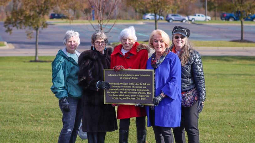 Five past presidents of the Middletown Area Federation Women’s Club attended a tree dedication recently at Atrium Medical Center. From left, Barb Brown, Ruthann Cassidy, Virginia Jenkins, Fran Sack and Doris Heidenrich. SUBMITTED PHOTO