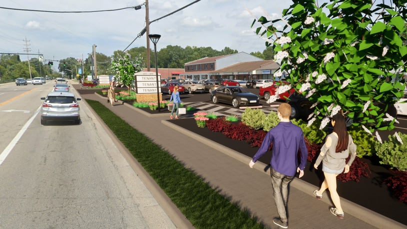 Pictured is an artist rendering of what Riegert Square, the shopping plaza on Pleasant Avenue north of Nilles Road in Fairfield, after city-initiated improvements to the parking lot and sidewalk. Fairfield City Council approved ground lease agreements with property owners in order to do the work which is funded through a portion of the city's ARPA funds. PROVIDED/CITY OF FAIRFIELD