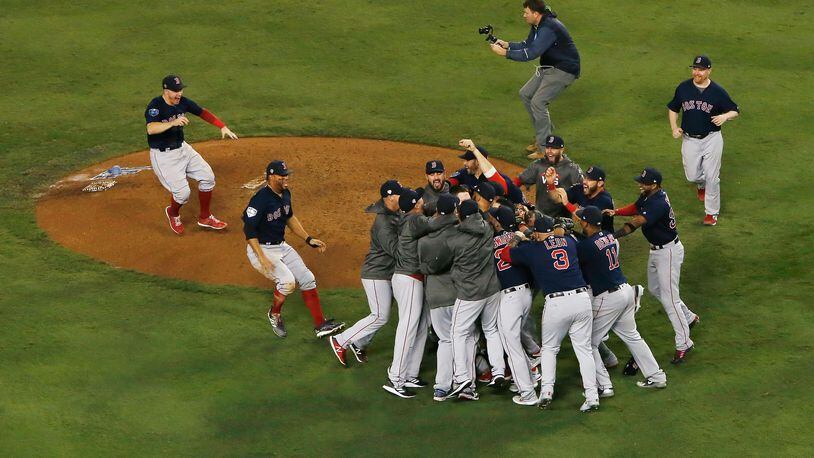 LOS ANGELES, CA - OCTOBER 28:  The Boston Red Sox celebrate their 5-1 win over the Los Angeles Dodgers in Game Five to win the 2018 World Series at Dodger Stadium on October 28, 2018 in Los Angeles, California.  (Photo by Jeff Gross/Getty Images) ***BESTPIX***