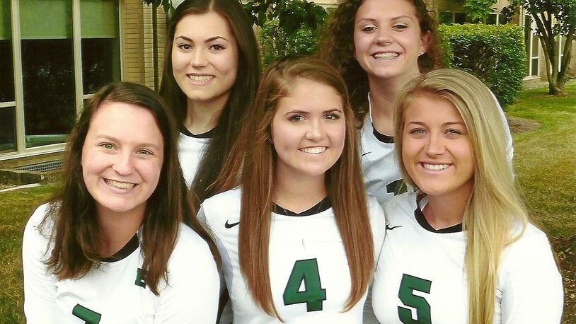 Badin High School seniors Danielle Pate, Meg McDulin, Ally Unger and (rear) Emma Horsley and Karley Schlensker have keyed the Rams to their fourth straight trip to the Division III girls volleyball district finals. PHOTO COURTESY OF BADIN HIGH SCHOOL