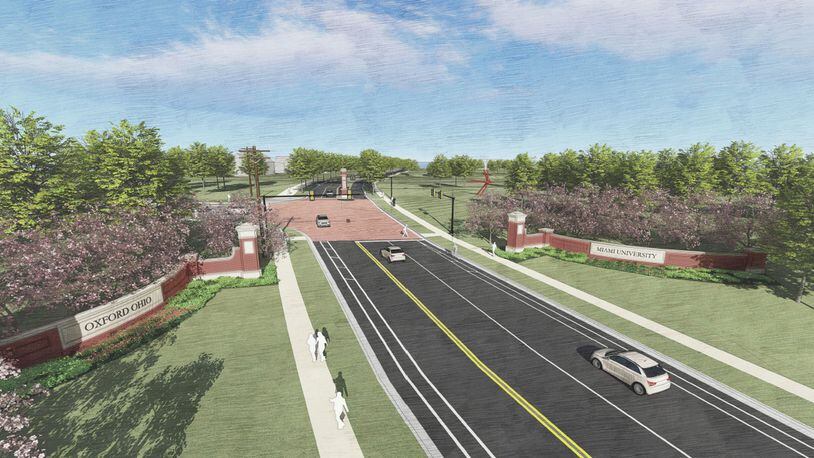 This is an artist s rendering of the proposed gateway on U.S. 27 South looking toward Oxford and Miami University.