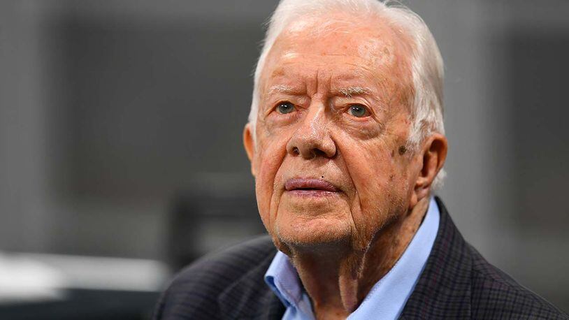 Former president Jimmy Carter prior to the game between the Atlanta Falcons and the Cincinnati Bengals at Mercedes-Benz Stadium on September 30, 2018 in Atlanta, Georgia. (Photo by Scott Cunningham/Getty Images)