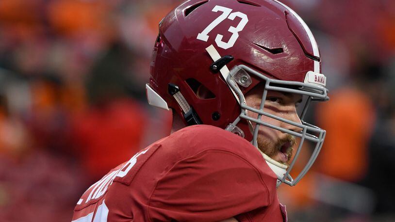 SANTA CLARA, CA - JANUARY 07: Jonah Williams #73 of the Alabama Crimson Tide warms up prior to the CFP National Championship against the Clemson Tigers presented by AT&T at Levi’s Stadium on January 7, 2019 in Santa Clara, California. (Photo by Harry How/Getty Images)