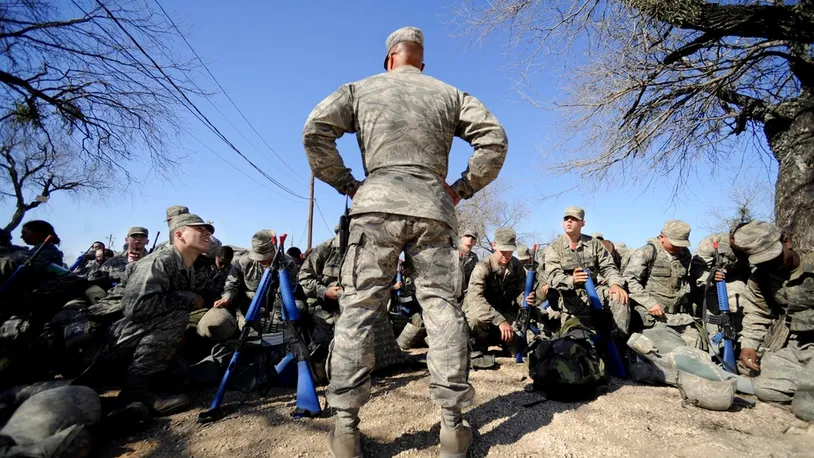 Master Sgt. Tim Burton, Military Training Instructor, 737 Training Support Squadron, prepares his basic trainees for gas mask training at the Basic Expeditionary Airman Skills Training program in Medina Air Base, San Antonio, Texas, in this 2009 Air Force photo.