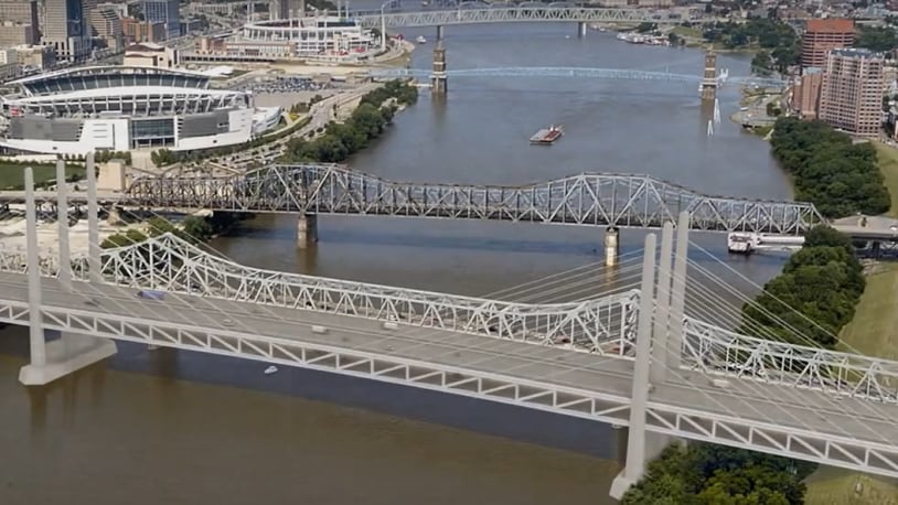 One of the alternative renderings for the new Brent Spence Bridge connecting Ohio and Kentucky over the Ohio River. CONTRIBUTED